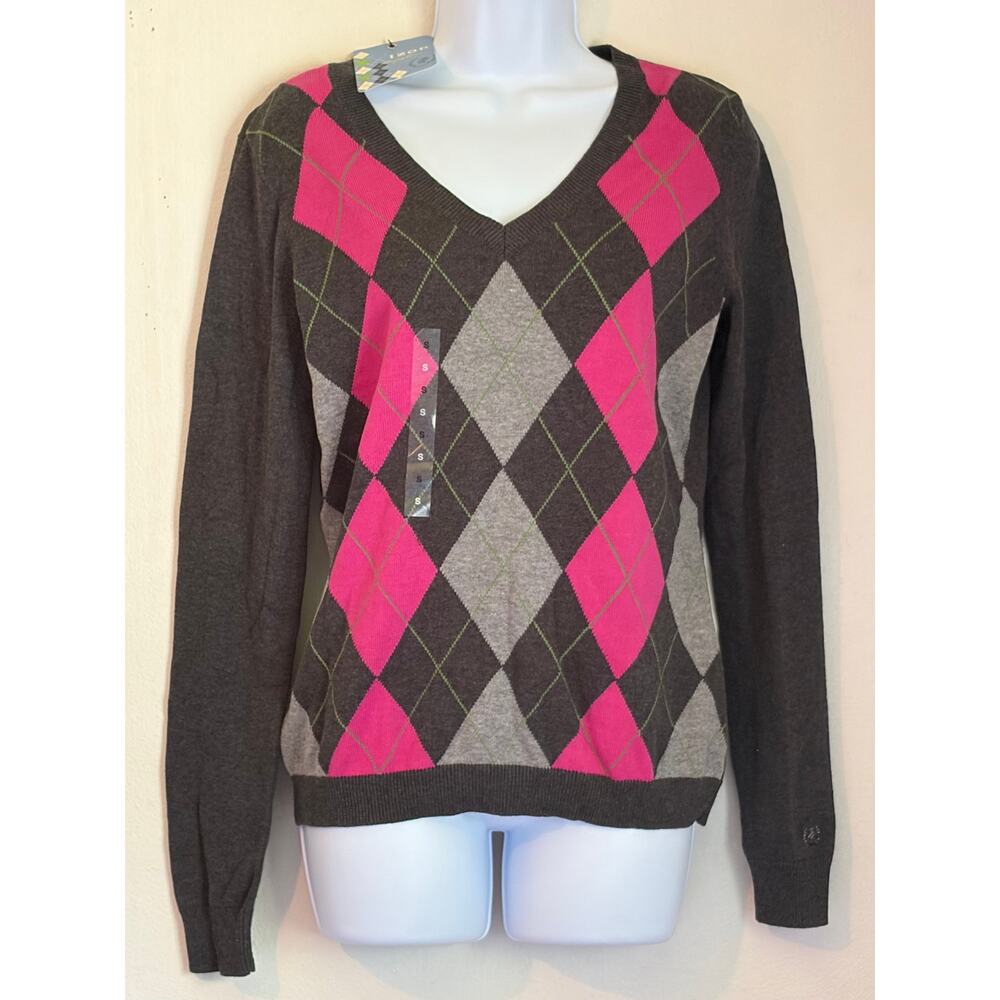 VTG Y2K NWT Izod V-neck sweater gray/pink argyle diamond pattern size small